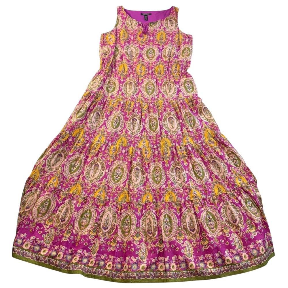 Lauren Ralph Lauren Pink Paisley Tiered Cotton Maxi Dress Womens 14 Sleeveless - Picture 3 of 9